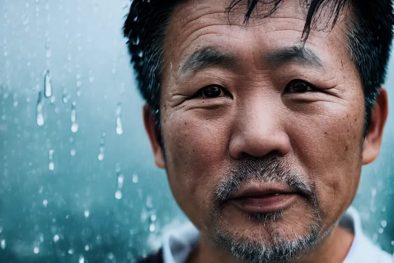 Prompt: a cinematic headshot portrait of a middle aged asian man, through a steamed up window, movie still, ocean background, waves, rain, dramatic lighting, back light, hair light, rim light, 4 k, ultra realistic