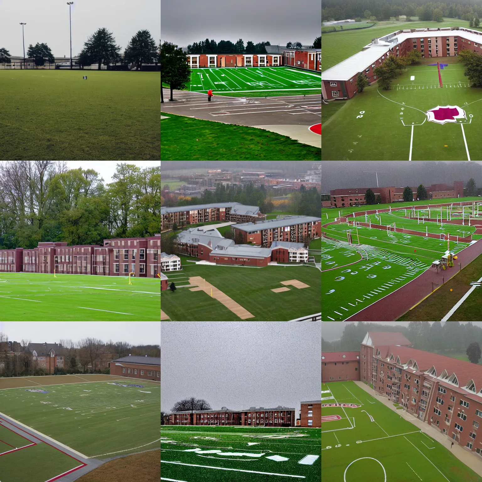 Prompt: college dorms but it's outside on a big field on a rainy day