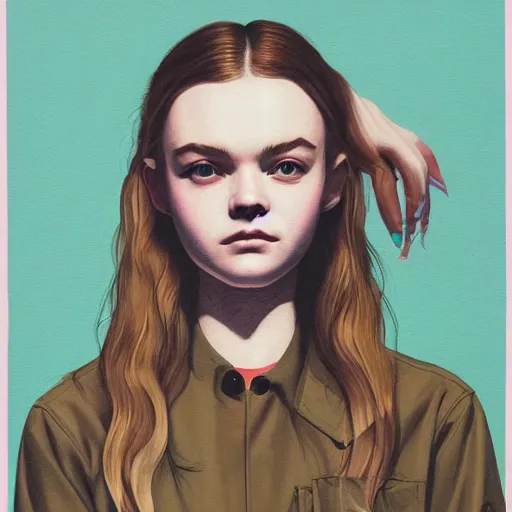 Prompt: Elle Fanning in Prey picture by Sachin Teng, asymmetrical, dark vibes, Realistic Painting , Organic painting, Matte Painting, geometric shapes, hard edges, graffiti, street art:2 by Sachin Teng:4