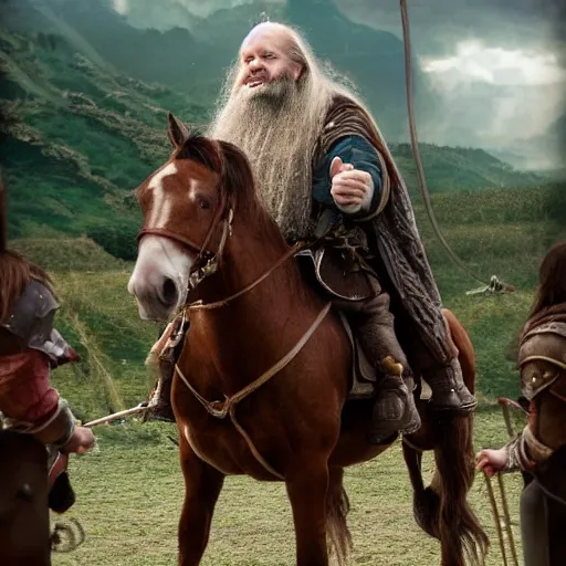 Prompt: dwarf from the lord of the rings standing on a pony in the middle of a circus