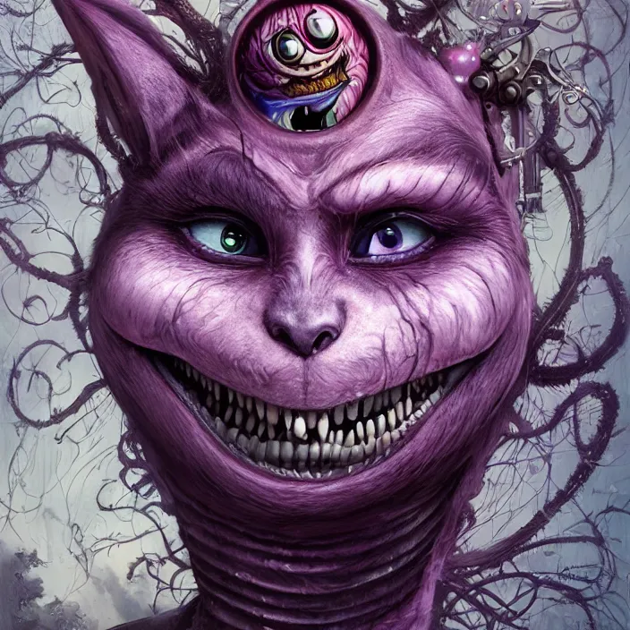 Image similar to dream portrait of Cheshire Cat from Alice in Wonderland,full character, melting ,8k,by tristan eaton,Stanley Artgermm,Tom Bagshaw,Greg Rutkowski,Carne Griffiths, Ayami Kojima, Beksinski, Giger,trending on DeviantArt,face enhance,hyper detailed,minimalist,cybernetic, android, blade runner,full of colour