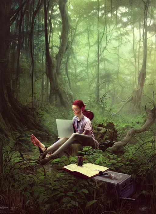 Image similar to computer in the woods by a stream, river gorgeous lighting, lush forest foliage blue sky a hyper realistic painting by chiara bautista and beksinski and norman rockwell and greg rutkowski, tom bagshaw weta studio, and lucasfilm