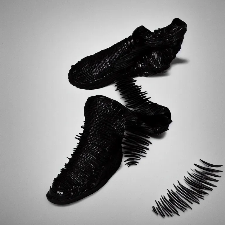 Prompt: black with white sole single sneaker concept designed by Giger, ribbed spine, photo studio, artistic product shot surrounded by 3D black spines, 4K HD, crisp white background, side on shot, Y-3 Yohji Yamamoto sneakers