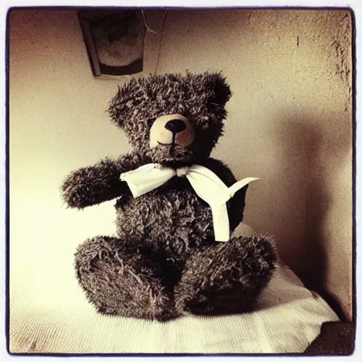 Prompt: “Teddybear, on a dresser, in the woods, horror style”