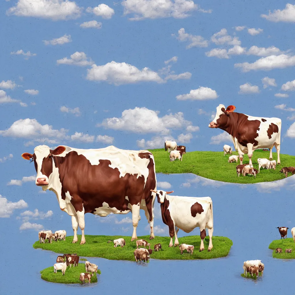 Prompt: a giant cow sitting with a lot of little cows around in a floating island, digital art