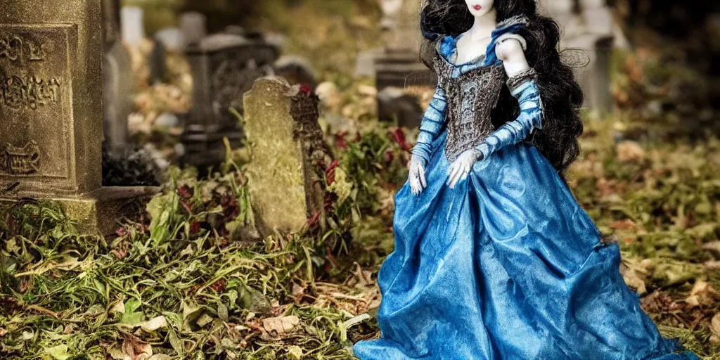 Image similar to photo taken of an epic intricate, ultra detailed, super realistic stop motion puppet of a majestic gracious regal aristocratic brunette female vampire in a graveyard filmset created by weta workshop directed by tim burton, menacing, wide angle, moody night time scene, photorealistic, sharp focus, gloomy, extremely cold blueish colour temperature, 3 5 mm, f 1. 4