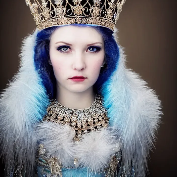 Image similar to portrait photograph of a real-life extremely beautiful!! ice queen with ornate cloak and crown, looking at the camera!!. Extremely detailed.