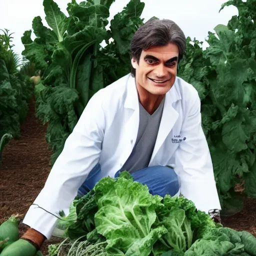 Prompt: dr mehmet oz as frankenstein, farming vegetables