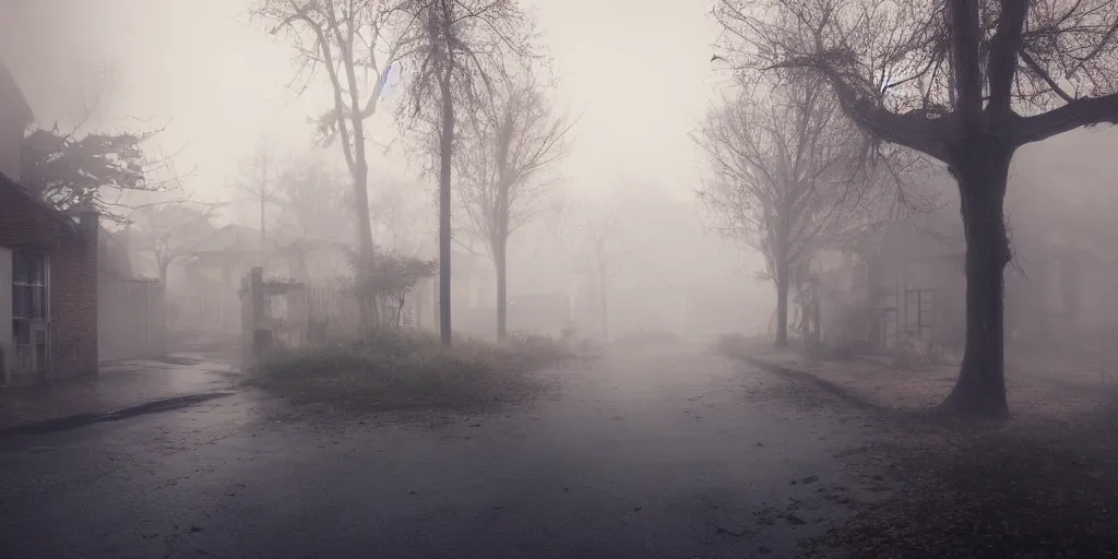 Prompt: creepy view into cul-de-sac dilapidated houses, fog, rain, volumetric lighting, beautiful, golden hour, sharp focus, highly detailed, cgsociety