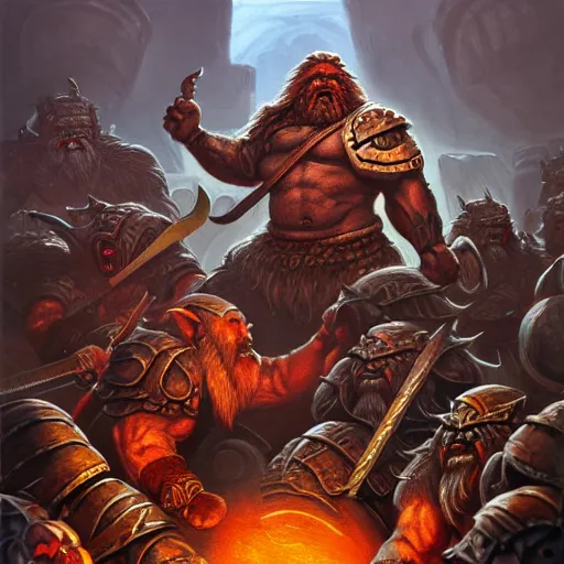 Prompt: painting of a single dwarven berserker facing a crew of crazy goblin warriors in deadly combat on a gladiator pit, sharp focus, high symmetry, award - winning, trending on artstation, masterpiece, highly detailed, intricate. art by terese nielsen