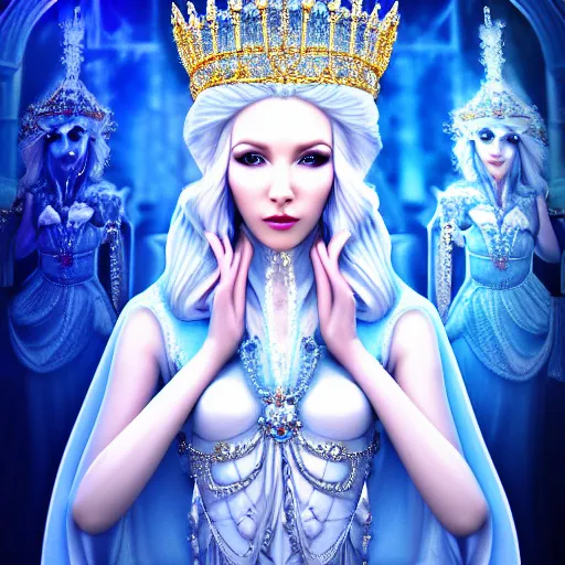 Prompt: beautiful ice queen with ornate crown and robes highly detailed, 4k, HDR, smooth, sharp focus, hyper realistic, high resolution