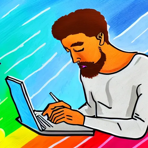 Image similar to pride artwork of man writing a poem on his computer, pride month, colorful, love, 4 k art