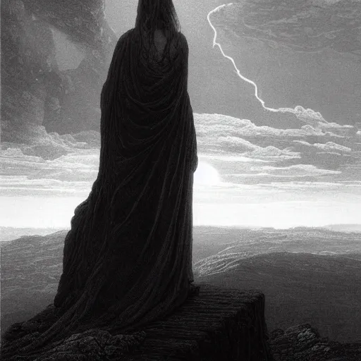 Image similar to A lonely woman looks down from a huge cliff, mountains, gorgeous view, velly distant forest, distant city, distant glow, night, sunset, dramatic light, Chiaroscuro, long shadows, dark, masterpiece, high detail, detailed, illustration by Paul Gustave Doré