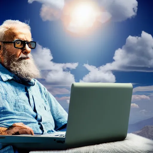 Image similar to dignital art of a bearded old man sitting on a cloud in the sky using a desktop computer 3 5 mm hdr sunny