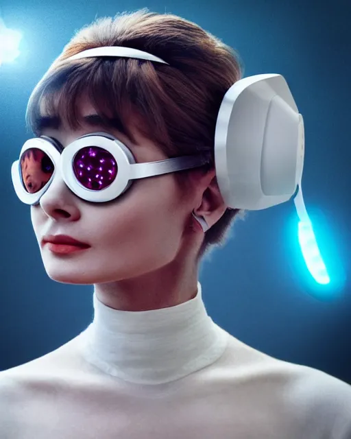 Prompt: centered portrait of soulful young audrey hepburn as a solarpunk mecha humanoid robotic parts wearing crystal goggles with bright led lights, real human face, pudica gesture bouguereau style, in white room, ultra - realistic and intricate, soft portrait shot 8 k