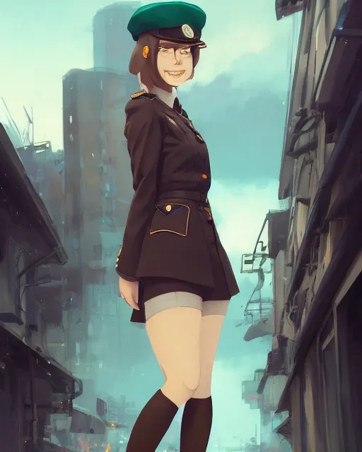 Image similar to young woman with shoulder length light brown hair and hazel eyes dressed in a sharp dark teal military uniform and beret, smiling, blurred city background in twilight lighting, ilya kuvshinov, anime, greg rutkowski, guweiz, ross tran, svetlana tigai, artgerm, concept art, digital painting, painterly