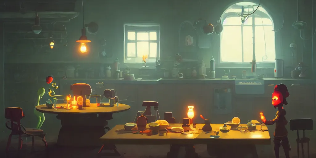 Image similar to cute lonely kitchen dim lit by a candle ripped physique simon stalenhag gerald brom bastien grivet by greg rutkowski game background fisheye lens day of the tentacle