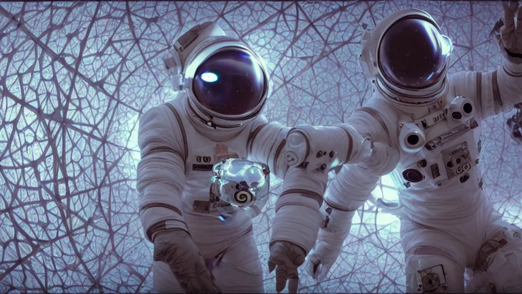 Image similar to a cybernetic symbiosis of a single astronaut eva suit infected with diamond 3d fractal lace iridescent bubble 3d skin covered with insectoid compound eye camera lenses floats through the living room, film still from the movie directed by Denis Villeneuve with art direction by Salvador Dalí, wide lens,