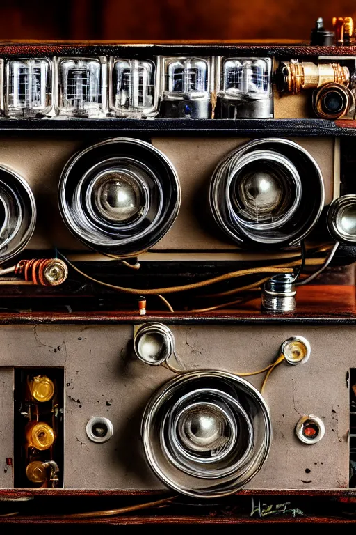 Image similar to A photo of a very old opened camera with vacuum tubes, capacitors and coils inside by Annie Lebovitz and Steve McCurry, grungy Ultra detailed, hyper realistic, 4k