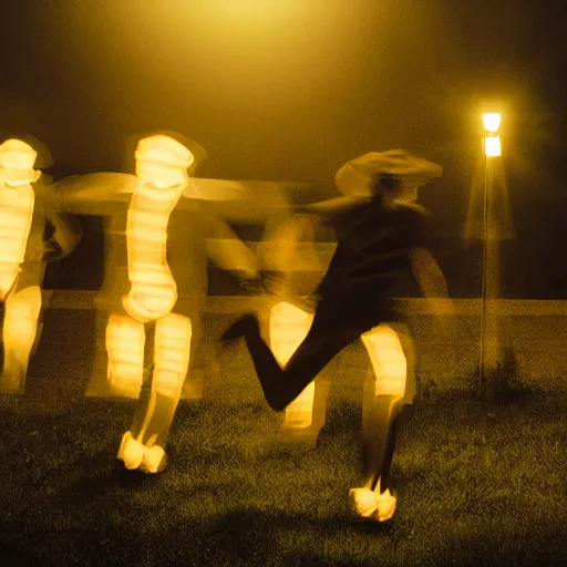 Image similar to cinematic lighting photograph of proffesional Ghost hunters running away from a person wearing a haloween ghost costume chasing them