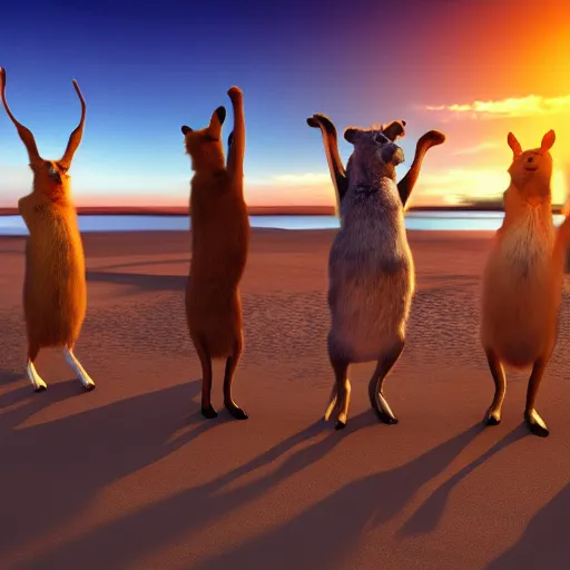 Image similar to Animals dancing at a party at the beach, cinematic, atmospheric, 8k resolution, Hyperrealistic