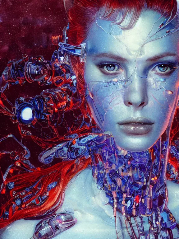 Prompt: closeup portrait of a transparent beautiful cyborg girl, shattered glass skin, glowing iris, cinematic light, backlight glow, red sky blue, mist, by mikhail vrubel, by philippe druillet, by peter elson, by gerald brom, muted colors, ( ( extreme detail ) ), trending on artstation, 8 k