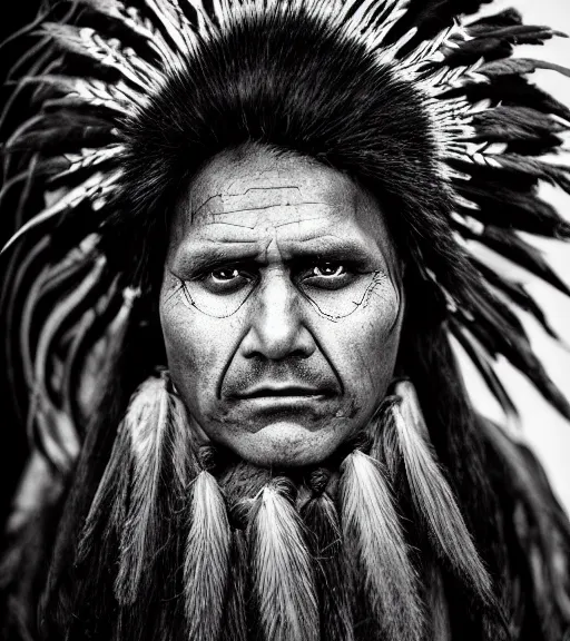 Image similar to Award winning Editorial photo of a Native Iroquois with incredible hair wearing traditional garb by Edward Sherriff Curtis and Lee Jeffries, 85mm ND 5, perfect lighting, gelatin silver process