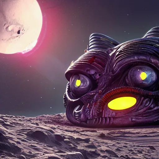 Image similar to alien cat robots on moon surface, vivid colors, high details, cinematic, 8k resolution, beautiful detailed, photorealistic, digital painting, artstation, concept art, smooth, sharp focus, illustration, fantasy background, artstation trending, octane render, unreal engine