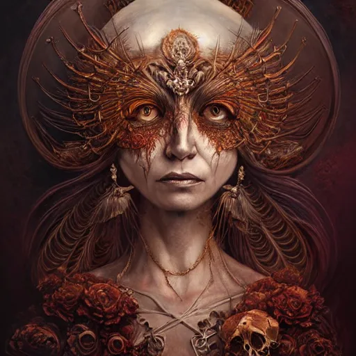 Prompt: a beautiful detailed 3d matte portrait of female empress of the dead, by ellen jewett, by tomasz alen kopera, by Justin Gerard, ominous, magical realism, texture, intricate, ornate, royally decorated, skull, skeleton, whirling smoke, embers, red adornements, red torn fabric, radiant colors, fantasy, volumetric lighting, high details