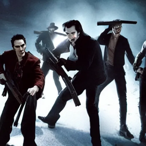 Image similar to <movie still quality=high lighting=awesome>Vampires Holding Guns</movie>