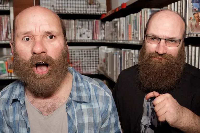 Image similar to balding middle-age man with a beard points towards the camera with dead eyes, an open mouth, and a shelf with funko pops in the background. 35mm photograph. eerie lighting. long shadows.