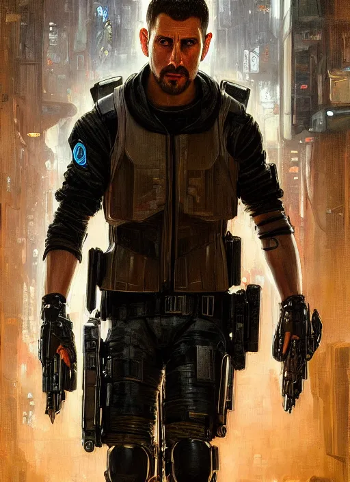 Image similar to 🤿🎧🚧 cyberpunk police trooper in a military vest ( blade runner 2 0 4 9, cyberpunk 2 0 7 7 ). orientalist portrait by john william waterhouse and james gurney and theodore ralli and nasreddine dinet, oil on canvas. cinematic, hyper realism, realistic proportions, dramatic lighting, high detail 4 k