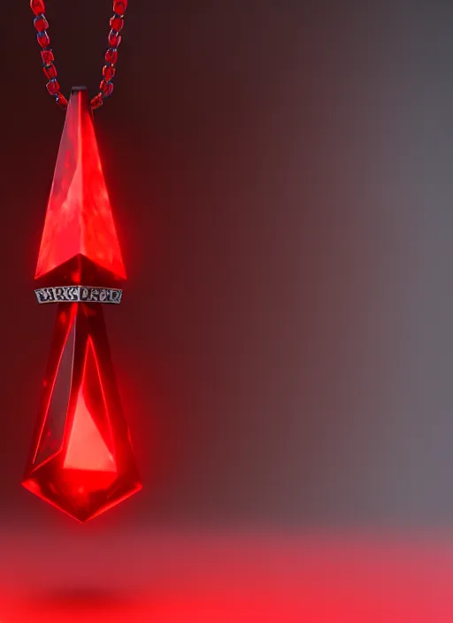 Prompt: rpg item, a black necklace with a bright red crystal pendant in flames, Unreal 5, DAZ, hyperrealistic, rpg style, octane render, dynamic lighting