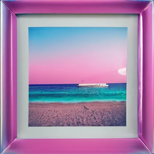 Image similar to a pastel colour high fidelity wide angle Polaroid art photo from a holiday album at a seaside of a large pink ship in the sea surrounded with abstract inflatable parachute furniture, all objects made of transparent iridescent Perspex and metallic silver, a grid of sun beds iridescence, nostalgic