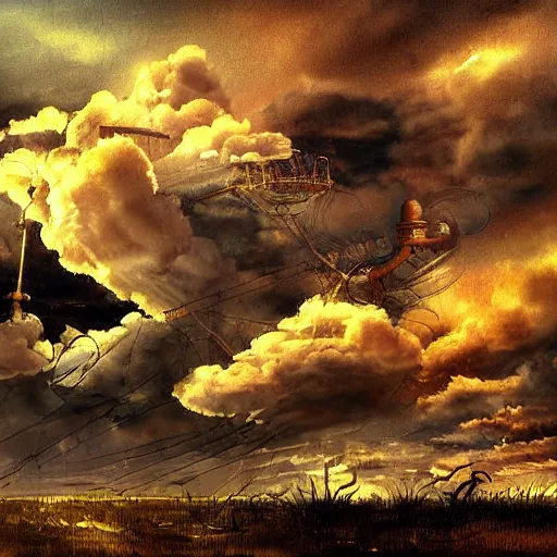 Prompt: clouds, steampunk, romanticism artwork