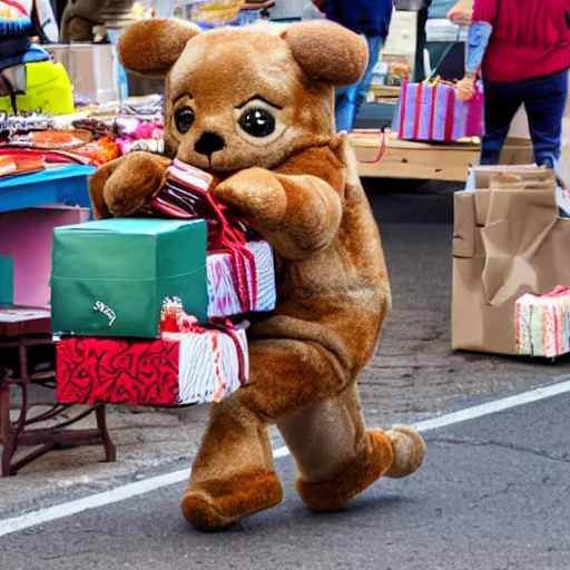 Prompt: hyperrealistic photo of the Snappy Gifts mascot delivering gifts in a flea market