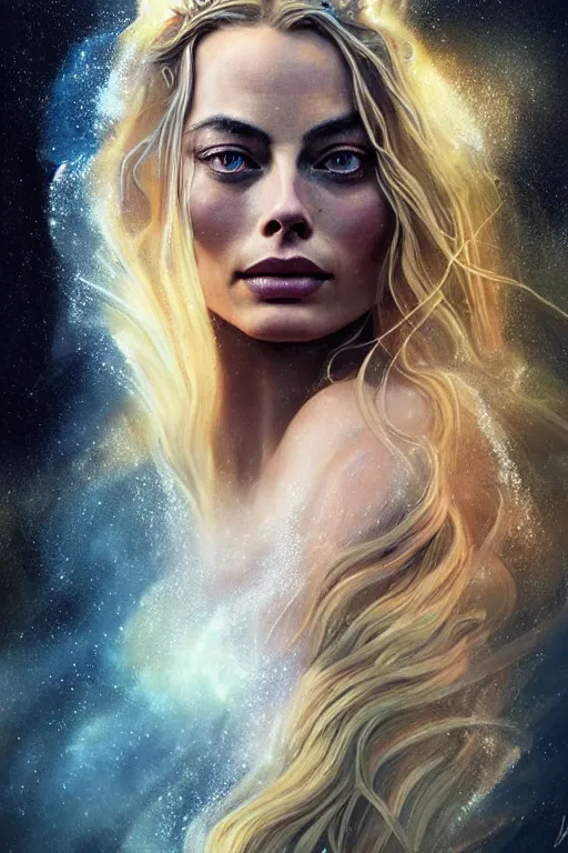 Image similar to majestic and regal portrait of a beautiful young margot robbie fire goddess!!, intricate, epic, elegant, menacing, fantasy, highly detailed, digital painting, hard focus, beautiful volumetric lighting, epic light, ultra detailed, souls, smoke, by leesha hannigan, ross tran, thierry doizon, kai carpenter, ignacio fernandez rios