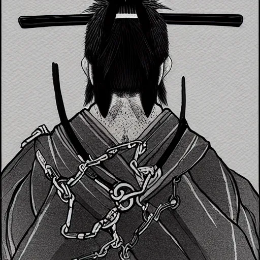 Image similar to a portrait from behind of a samurai man vagabond that holds chains, detailed, illustration, concept art, ink style, sketch