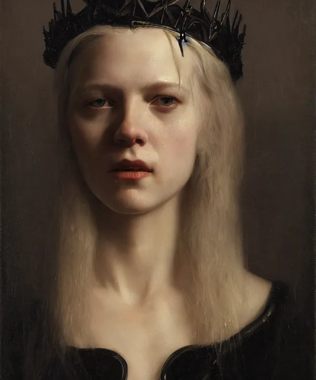 Prompt: the portrait of hunter schafer ( ( ( ( ( ( ( ( ( ( ( ( ( in black wax crown ) ) ) ) ) ) ) ) ) ) by roberto ferri, dark fantasy, witcher, very detailed oil painting, masterpiece, 8 k