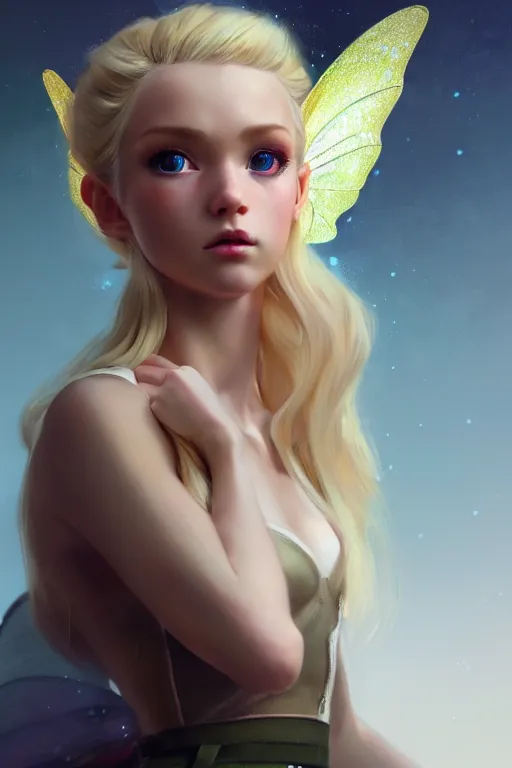 Image similar to cinematic shot of an epic portrait of a cute blonde fairy dressed in military clothes, stylised military clothes, shiny skin, beautiful eyes, beautiful, small details, night setting, realistic poster with volumetric light from craig mallism, artgerm, jeremy lipkin and michael garmash, unreal engine, radiant light, digital art, trends at art station, a masterpiece