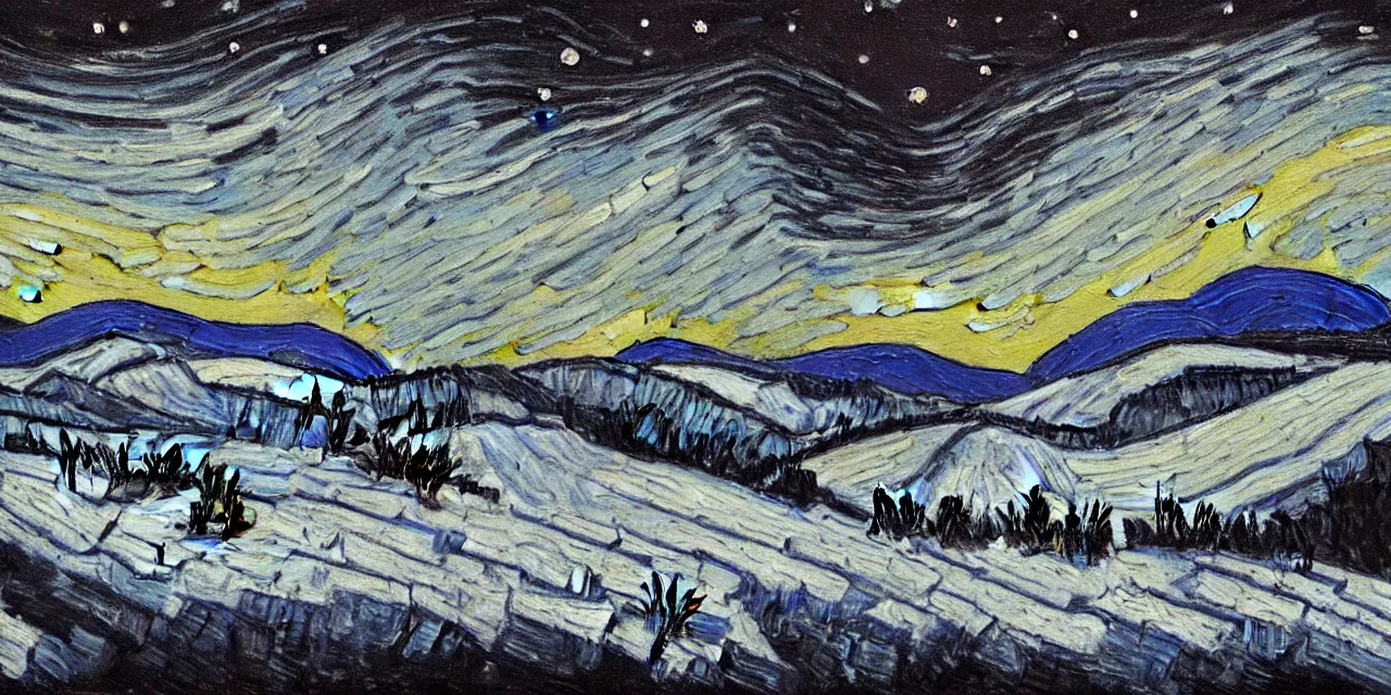 Prompt: thick impasto textured oil black and white painting of the laurentian appalachian mountains in winter by vincent van gogh, unique, original and creative landscape, snowy night, distant town lights, aurora borealis, deers and ravens, footsteps in the snow, brilliant composition