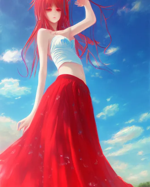 Image similar to goddess of summer, red gauze skirt, dreamy, beautiful, by wlop