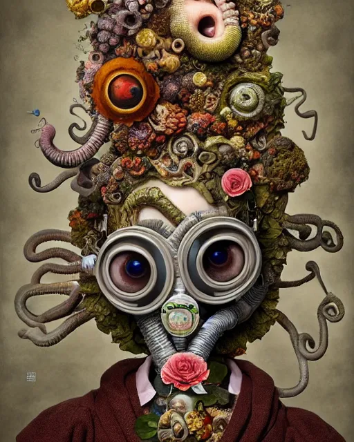 Prompt: a biomorphic portrait with with large eyes, expressive, wearing a botanical gas mask, baroque painting by ayami kojima, mark ryden, arcimboldo, cephalopod, mixed media 3 d collage, focus on head, soft light, 4 k, octane high quality render