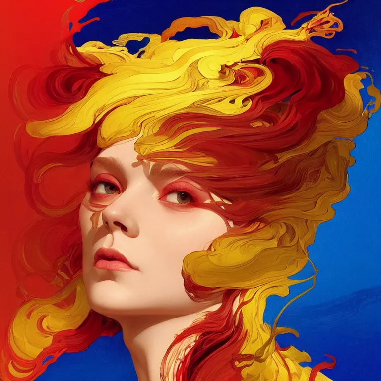 Image similar to Fool is a hue created with swirls of yellow gouache, joyous red, and a daub of crystalline ultramarine, intricate, highly detailed, digital painting, artstation, concept art, smooth, sharp focus, illustration, Unreal Engine 5, 8K, art by artgerm and greg rutkowski and alphonse mucha