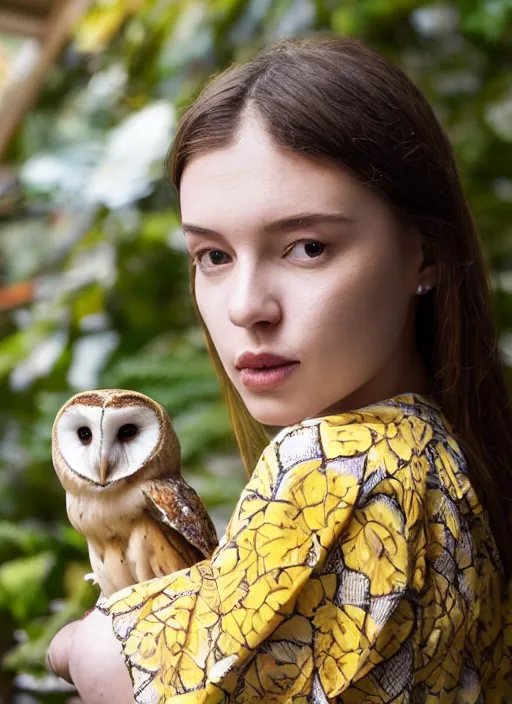 Prompt: portrait photograph of beautiful!!!! young female model, symmetric face!!, symmetric eyes!!, slight smile!, natural light, wearing a yellow kimono with a very detailed barn owl!! on her shoulder!!! in a tropical greenhouse. looking at the camera!!. super resolution. Extremely detailed. Graflex camera!, bokeh!!.