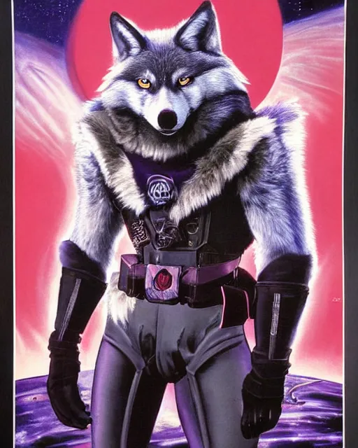 Prompt: 1 9 8 0 s movie poster featuring a portrait of the villain male wolf o'donnell anthropomorphic wolf from starfox wearing a dark space mercenary uniform, dark grey wolf, handsome eyes, wolf o'donnell