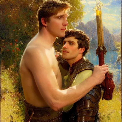 Image similar to attractive male arthur pendragon confesses his love to attractive male merlin. highly detailed painting by gaston bussiere, craig mullins, j. c. leyendecker 8 k