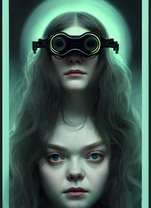 Image similar to symmetry!! portrait of elle fanning wearing night vision goggles, horror, fashion, dark!! intricate, elegant, highly detailed, digital painting, artstation, concept art, smooth, sharp focus, illustration, art by artgerm and greg rutkowski and alphonse mucha