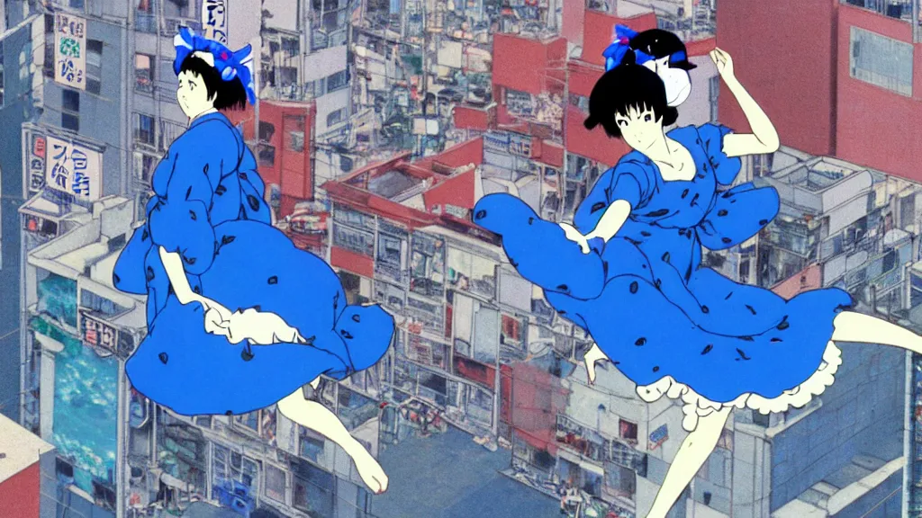 Prompt: a woman wearing a blue dress and wearing a blue bird mask falling from a building in Tokyo, anime film still from the an anime directed by Katsuhiro Otomo with art direction by Salvador Dalí, wide lens