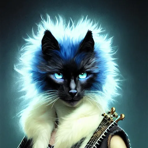 Prompt: portrait painting of a punk catfolk bard with blue eyes and black fur, ultra realistic, concept art, intricate details, eerie, highly detailed, photorealistic, octane render, 8 k, unreal engine. art by artgerm and greg rutkowski and charlie bowater and magali villeneuve and alphonse mucha